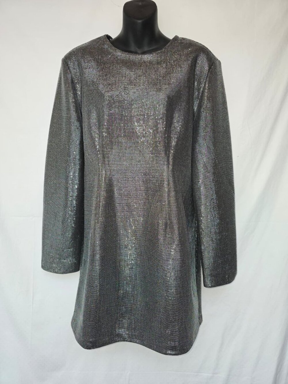 H&M Metallic Long-Sleeve Mini Dress – Size L – Silver